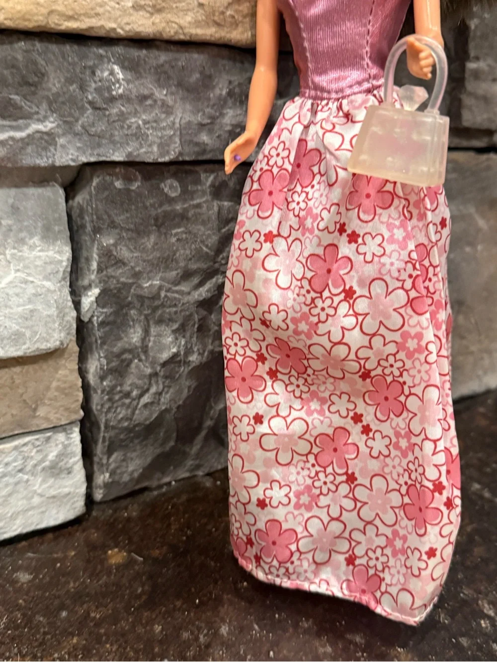 Barbie formal pink princess gown diamond clear purse and red heels